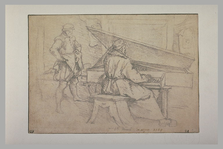 A sepia-toned sketch depicting two men in Renaissance-style clothing. One man is seated at a harpsichord, playing, while the other stands nearby, watching attentively with one hand resting on his hip. The background suggests an interior setting with minimal detail. The drawing is rendered in soft lines and shading, giving a gentle, informal feel.