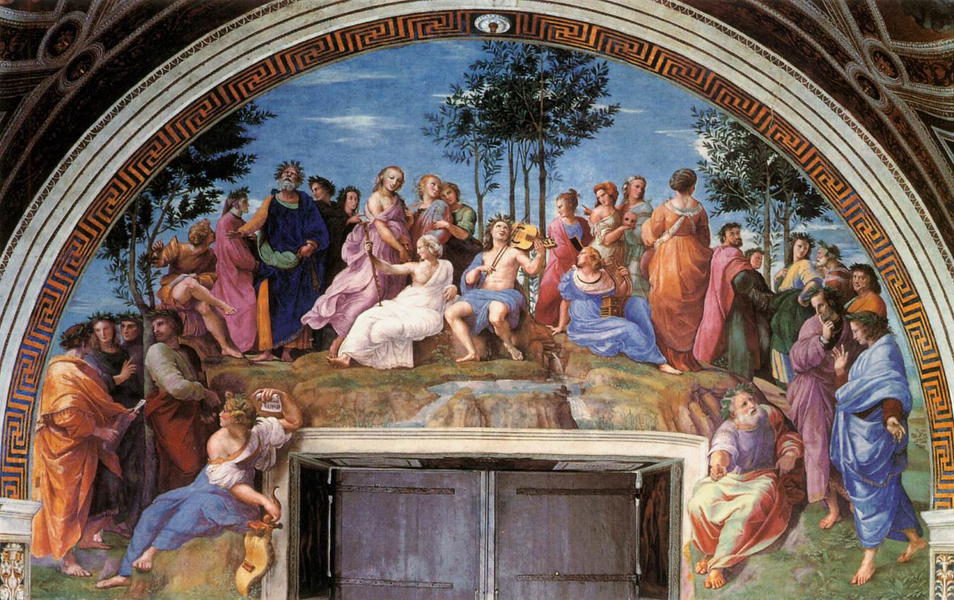 A Renaissance fresco depicting an assembly of classical poets and muses gathered in a lush landscape beneath an arched architectural frame. At the center, Apollo sits playing a stringed instrument, surrounded by muses holding symbolic objects such as scrolls, lyres, and staffs. Figures in colorful flowing garments engage in conversation and gesture toward one another. Trees rise in the background under a clear blue sky, emphasizing the scene’s idealized, divine atmosphere.