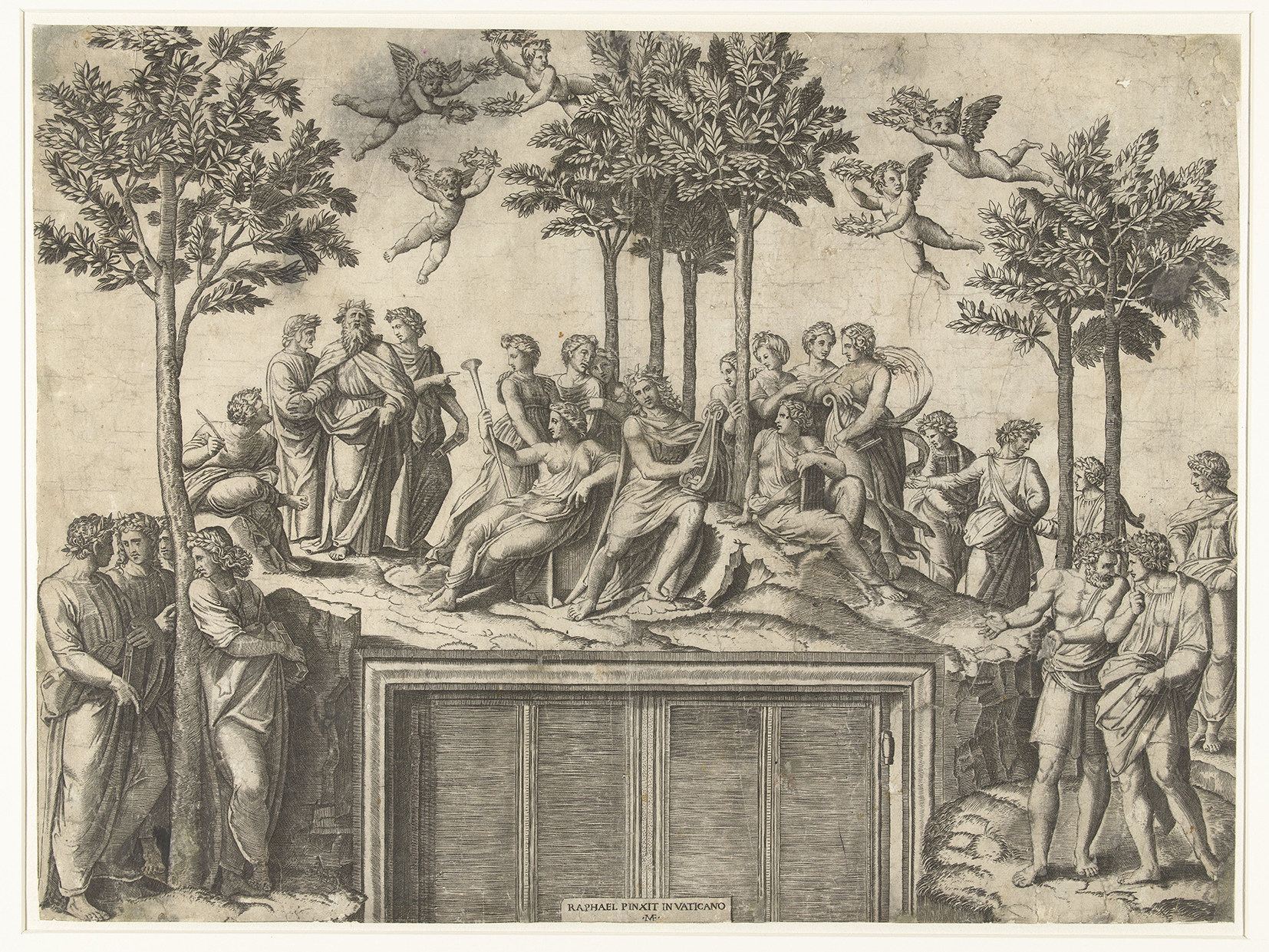 A detailed black-and-white engraving depicting a classical gathering of poets and muses in a wooded landscape. At the center, Apollo sits among seated and standing figures, playing a lyre as others hold scrolls, staffs, or musical instruments. Winged cherubs hover above, carrying laurel wreaths. The composition is framed by tall trees and a large architectural doorway at the bottom center.