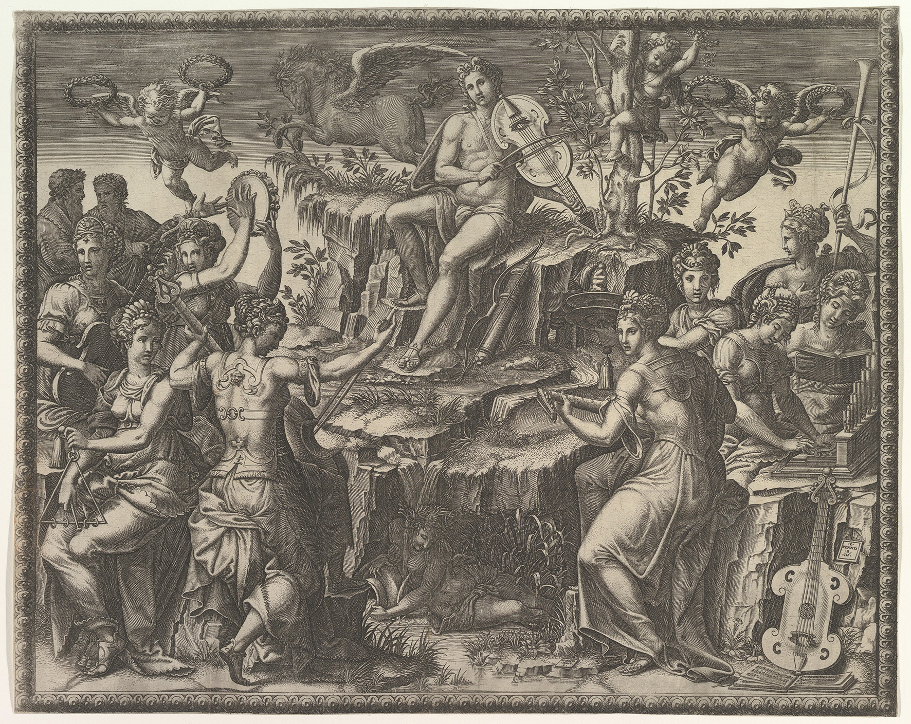 A detailed Renaissance engraving depicting Apollo and the Muses in a mythological landscape. At the center, Apollo sits on a rocky outcrop playing a stringed instrument, surrounded by muses engaged in music, poetry, and dance. Some hold lyres, tambourines, and other instruments, while cherubs hover above carrying laurel wreaths. Pegasus appears in the background, symbolizing poetic inspiration. The composition is framed with ornate borders and displays intricate line work.