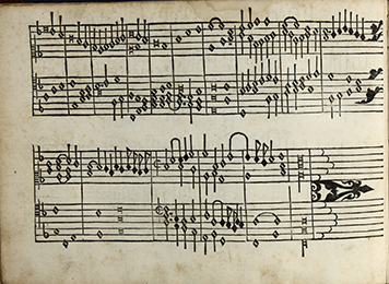 Printed page from a sixteenth-century keyboard work by Girolamo Cavazzoni showing two systems of dense black notation. The music features imitative counterpoint and chordal textures typical of early Renaissance keyboard style. The vertical alignment of the notes is somewhat uneven, reflecting the limitations of early printing.