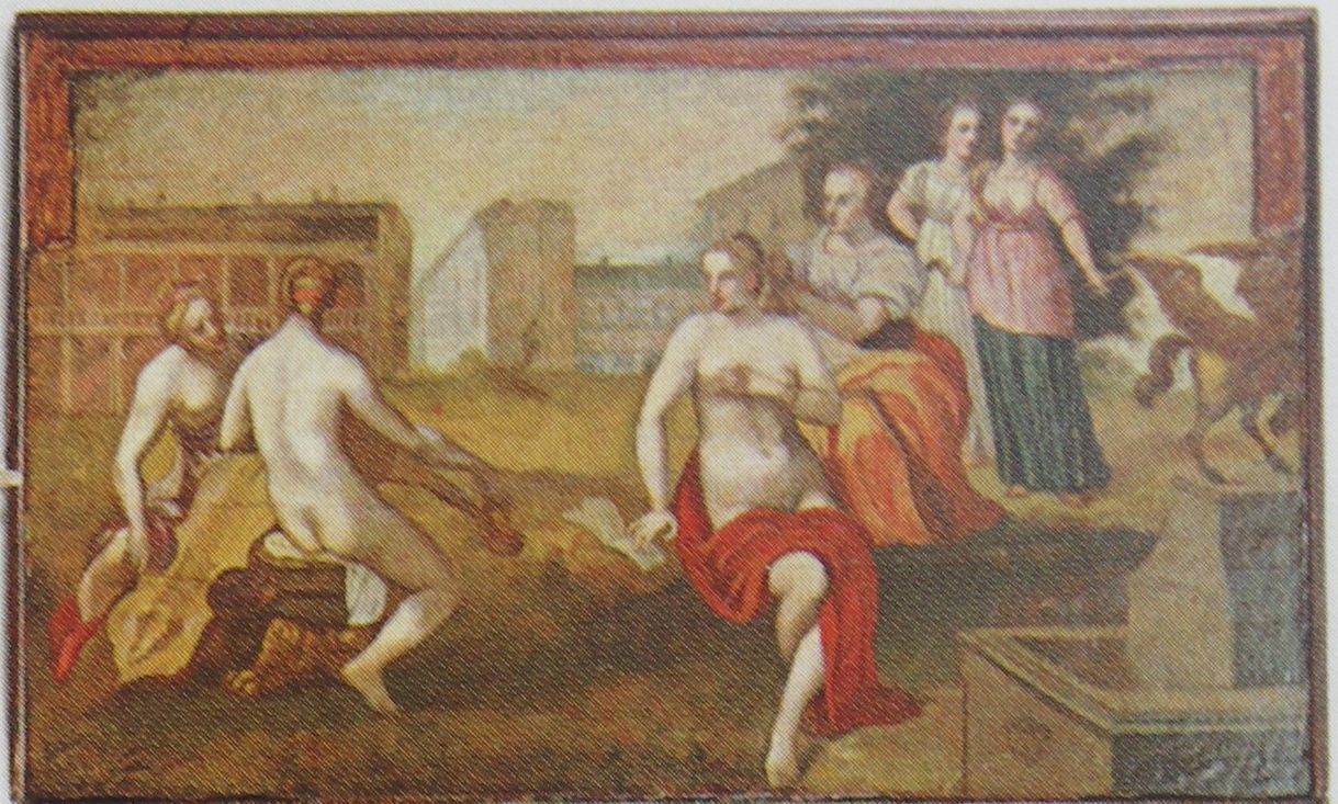 A painted scene showing several partially nude and clothed women gathered in an outdoor setting with classical architecture in the background. One woman draped in a red cloth sits prominently in the foreground, turning slightly toward two other seated figures. Behind them, two women stand observing near a stone pedestal.