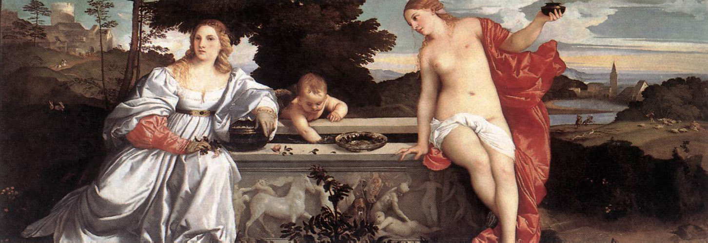 A Renaissance painting showing two women seated on either side of a carved stone sarcophagus, with a small child or cherub between them. The woman on the left wears a voluminous white gown with red sleeves, while the woman on the right is mostly nude, draped in a red cloth and holding a dark vessel. The background reveals a serene landscape with trees, hills, and a distant town under a pale sky. The stone sarcophagus is decorated with reliefs of mythological figures.