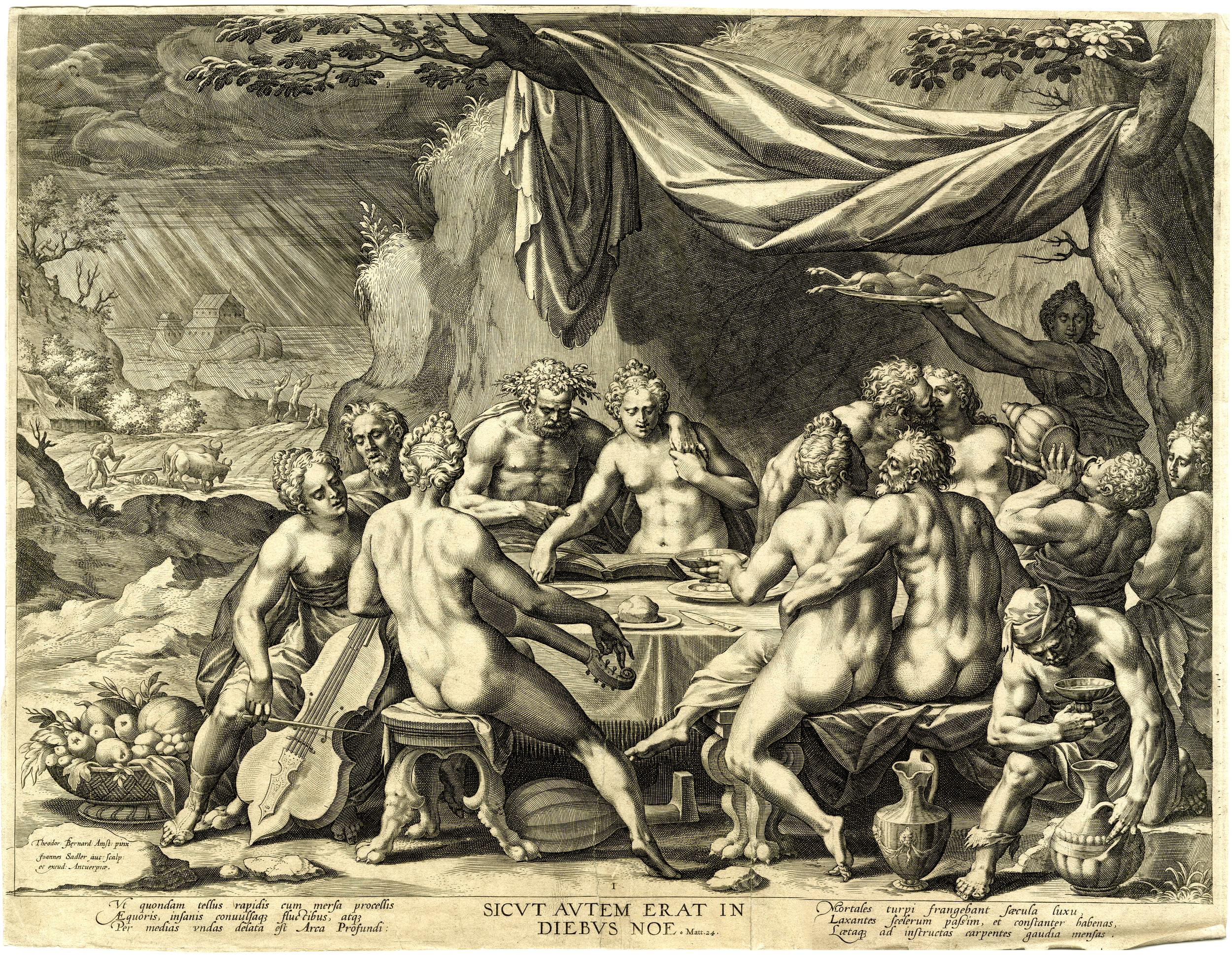 A detailed engraving depicting a group of muscular, semi-nude men and women gathered around a table outdoors, feasting and drinking under a draped canopy. A servant brings a platter of food, while others play music, including a woman playing a string instrument in da gamba position. In the background, rain falls over a landscape with Noah’s Ark resting on a hill, suggesting a biblical theme of indulgence before the Flood. The Latin inscription at the bottom reads “Sicut autem erat in diebus Noe,” meaning “As it was in the days of Noah.”