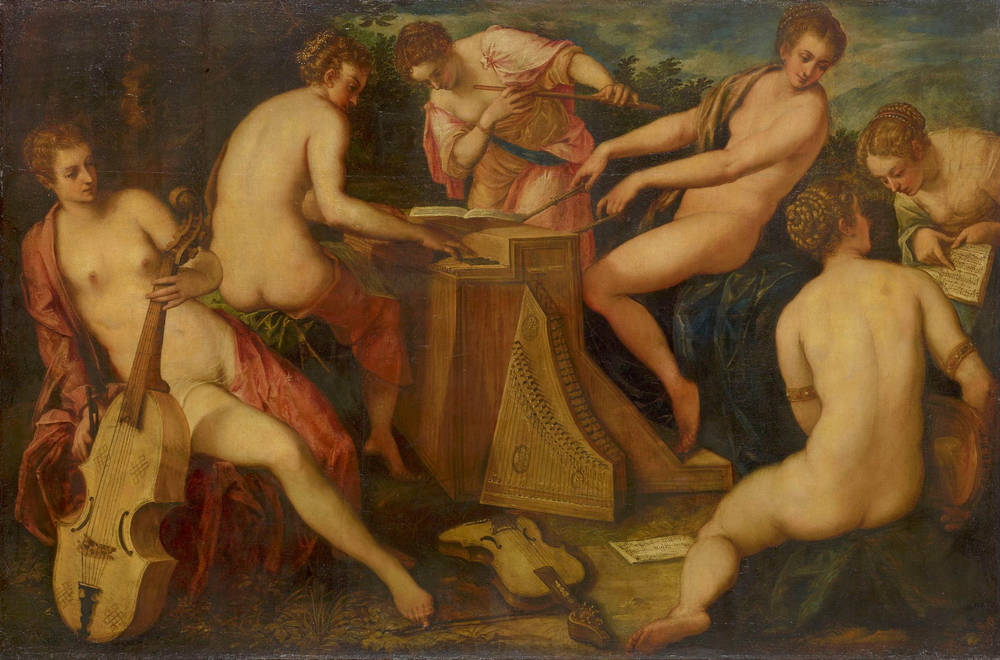 A Renaissance painting depicting five semi-nude women gathered in a pastoral setting, engaged in making music. One woman plays a string instrument resembling a viola da gamba, another performs on a small organ, while others hold sheet music, a flute or operate the bellows of the organ respectively. The figures are posed gracefully, with soft lighting emphasizing their bodies and drapery in warm tones of red, gold, and blue.