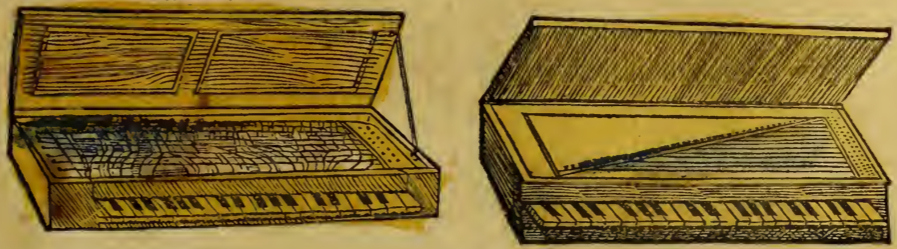 Two illustrations of early keyboard instruments. The left image shows a clavichord with its lid open, revealing strings running parallel to the keyboard. The right image depicts a virginal with a longer, angled shape and strings running diagonally across the body. Both instruments have wooden cases and open lids displaying their internal string arrangements.
