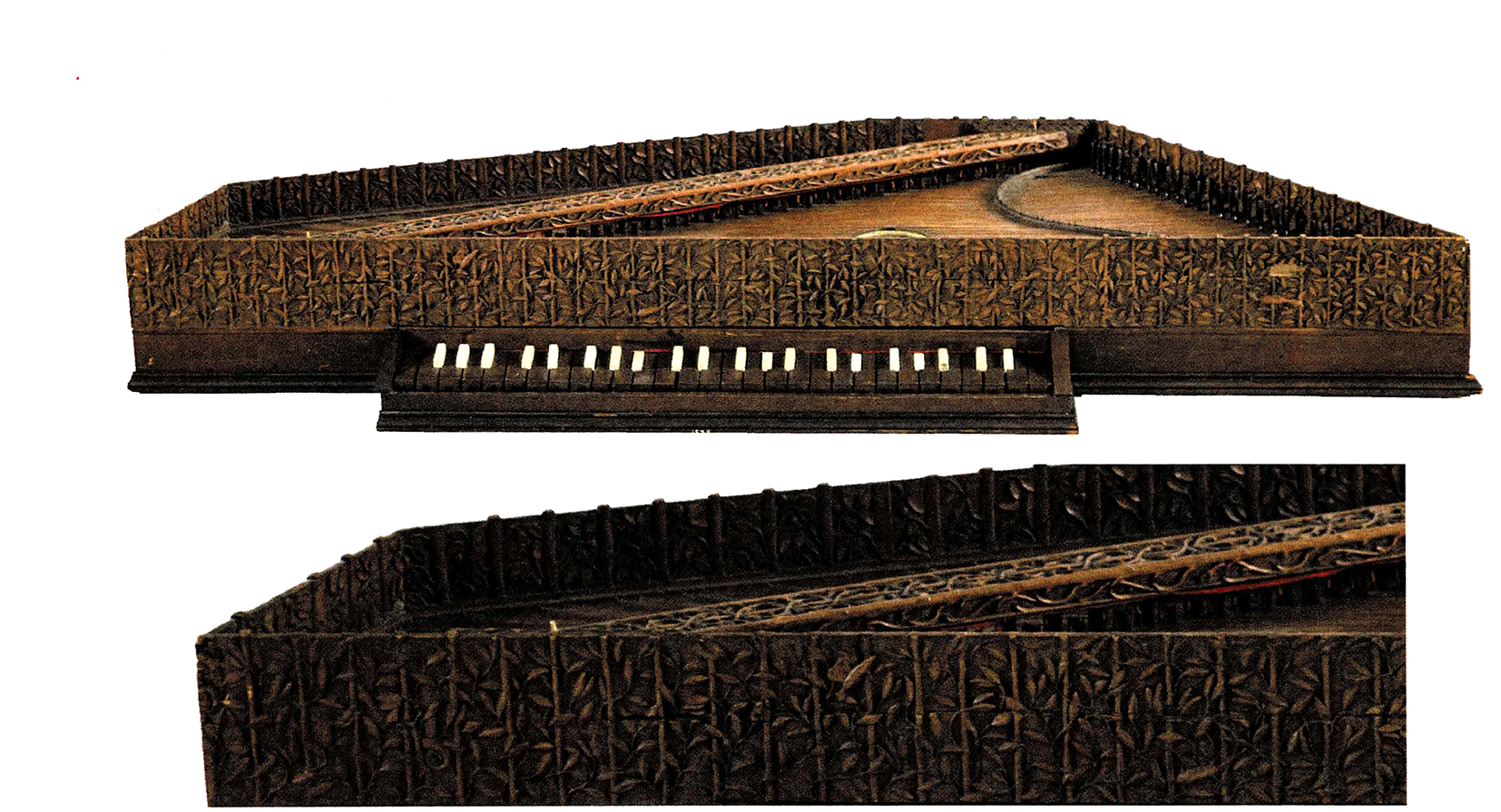 Two views of an elaborately carved Renaissance virginal, a keyboard instrument with richly detailed wooden panels featuring repeating leaf and vine motifs. The main image shows the full instrument, trapezoidal in shape, with a small keyboard and intricate fretwork along the soundboard. The inset below provides a closer look at the ornate carving and delicate latticework around the edge.