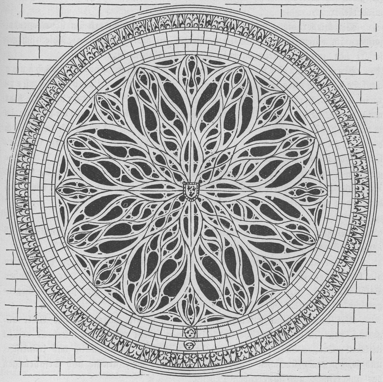 Black and white architectural drawing of a Gothic rose window design featuring an intricate radiating pattern of interwoven tracery resembling flowing leaves or vines. The circular composition is framed by concentric decorative borders with geometric and floral motifs, and a small shield emblem sits at the center. The background shows brick lines, indicating the window’s placement within a stone wall.