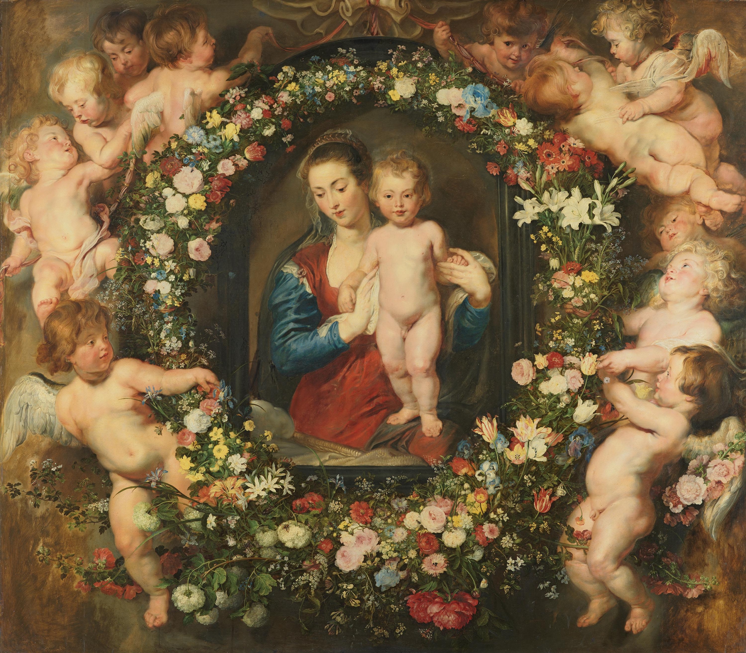 Baroque painting depicting the Virgin Mary holding the Christ Child, surrounded by a garland of colorful flowers and numerous cherubs. The Virgin is dressed in a red gown with a blue mantle, the child stands on a cushion. The cherubs, with rosy cheeks and delicate wings, hold and weave the floral wreath around the central figures.