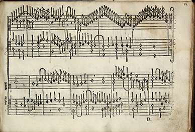 Printed page from a sixteenth-century keyboard composition by Girolamo Cavazzoni. The image shows two systems of dense black notation with overlapping contrapuntal lines and chordal writing. Because many notes are fitted into a single system, the vertical alignment is uneven.