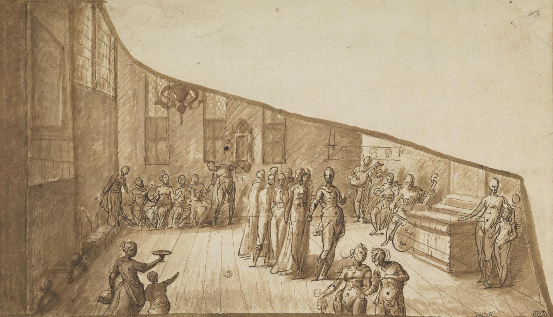 A sepia-toned sketch depicting a dance scene inside a large hall. Groups of elegantly dressed men and women are dancing, conversing, and playing music. Musicians are seated on the right playing string instruments, while dancers move across the center of the room. On the left, seated figures watch the dancers, and in the foreground, a servant appears to offer a tray. The architectural interior features tall windows and chandeliers. The perspective gives a cutaway view of the space due to the function of a lid decoration.