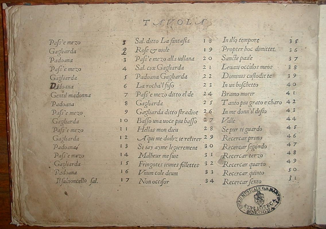 A 16th-century printed index page titled “Tavola” from Intabolatura de lauto by Antonio Rotta (Venice, 1546). The page lists musical works in two columns, including dance and vocal titles such as “Pass’e mezzo,” “Gagliarda,” and “Recercar primo.” The sheet shows visible aging and a round library stamp near the lower right corner.