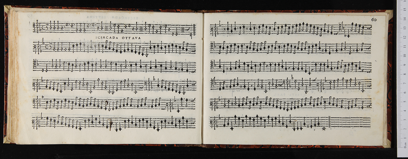 An open page of printed Renaissance instrumental music titled “Recercada Ottava” from Tratado de glosas by Diego Ortiz (Rome, 1553). The score spans two pages filled with dense contrapuntal notation in black ink, demonstrating intricate variations and ornamentation typical of 16th-century viol or keyboard repertoire.