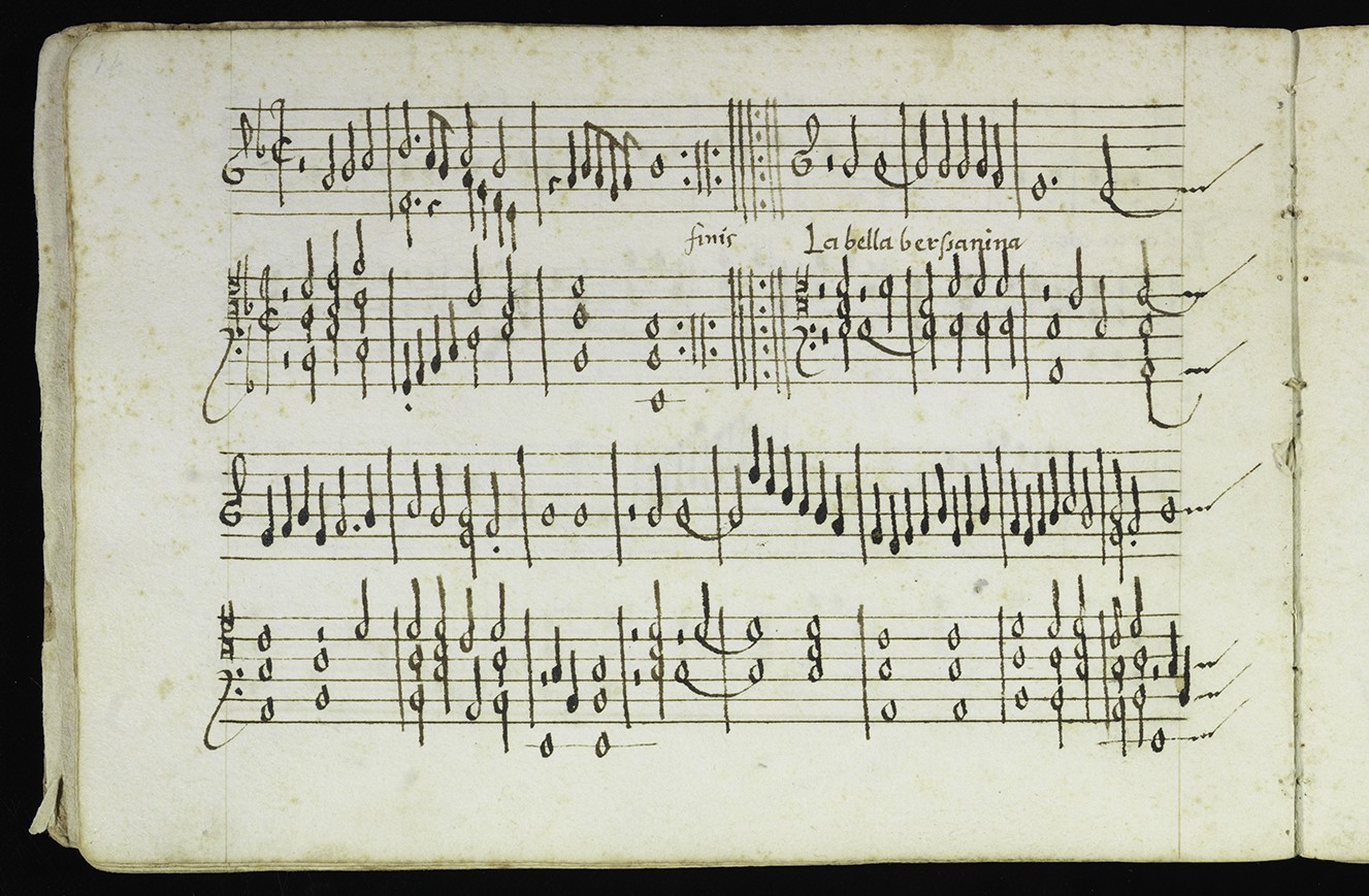 Two handwritten pages of Renaissance keyboard music titled “La cara cossa,” from manuscript I-Vnm Ms. it. Cl. IV, n. 1227 (coll. 11699), fol. 7r. The first page shows neatly penned staves with block chords and running passages in brown ink on aged paper.The second image shows a continuation of the piece “La cara cossa,” from the same manuscript, followed by the title “La bella bergamina.” The music is written in brown ink with expressive notation and clear rhythmic groupings, typical of 16th-century Italian keyboard manuscripts.