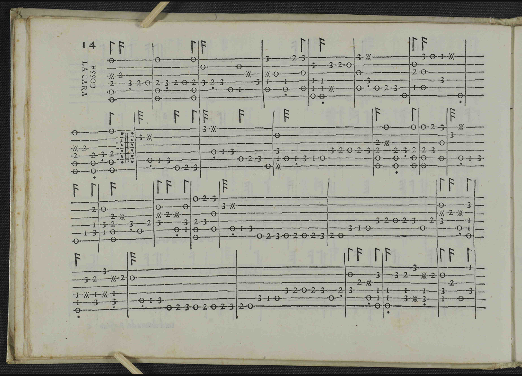 A printed page of Italian lute tablature titled “La cara cossa,” from Intabolatura de lauto by Domenico Bianchini (Venice, 1546). The notation uses six-line staves with numbers and letters indicating fret positions and rhythmic symbols, printed clearly in black ink on aged paper.
