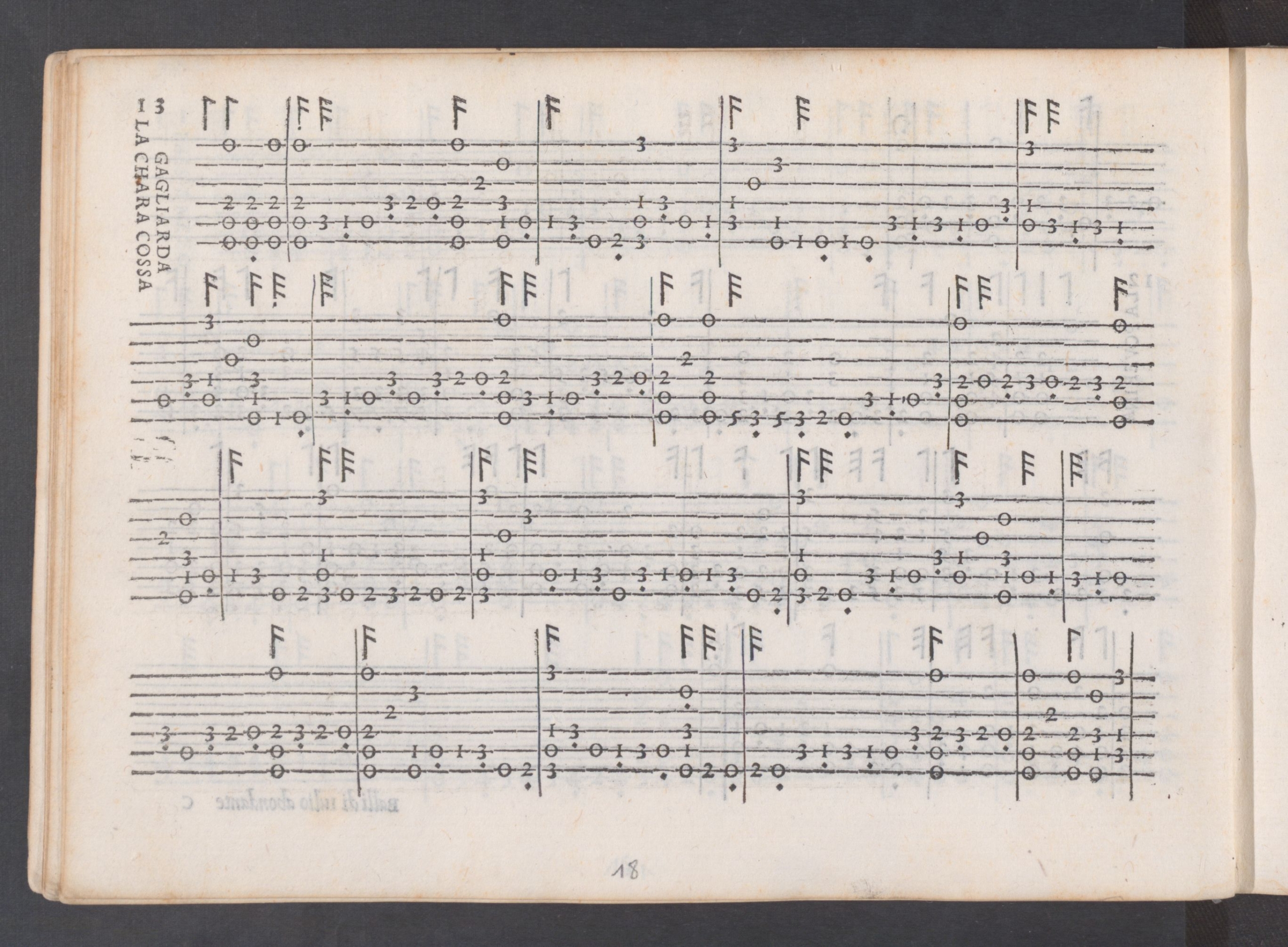 A printed page of Italian lute tablature titled “Gagliarda La chara cossa,” from Intabolatura by Iulio Abondante (Venice, 1546). The music is laid out in horizontal lines representing lute strings, with numbers indicating frets and rhythmic symbols above, printed in clear black ink on slightly aged paper.