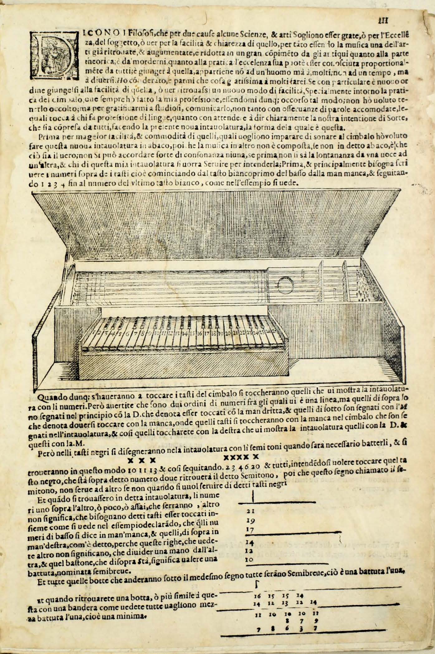 An old printed page featuring an illustration of a plucked keyboard instrument, with its lid open. The page contains Italian text, including decorative initials and numerical annotations related to musical instruction.