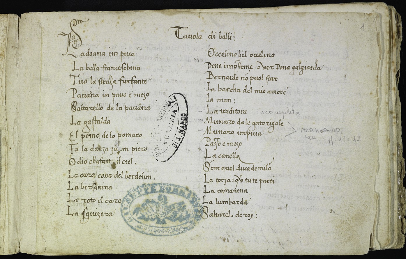 Two images from a 16th-century Italian music manuscript titled “Tavola di balli,” listing numerous dance titles in neat brown ink script. The first page bears two archival stamps in blue and black ink and shows signs of age and handling along the edges.The second image shows the following page from the same manuscript continuing the list of dances, followed by a short musical example illustrating rhythmic notation. Handwritten notes and stamps are visible, and the text explains how note shapes and stems correspond to rhythmic values.