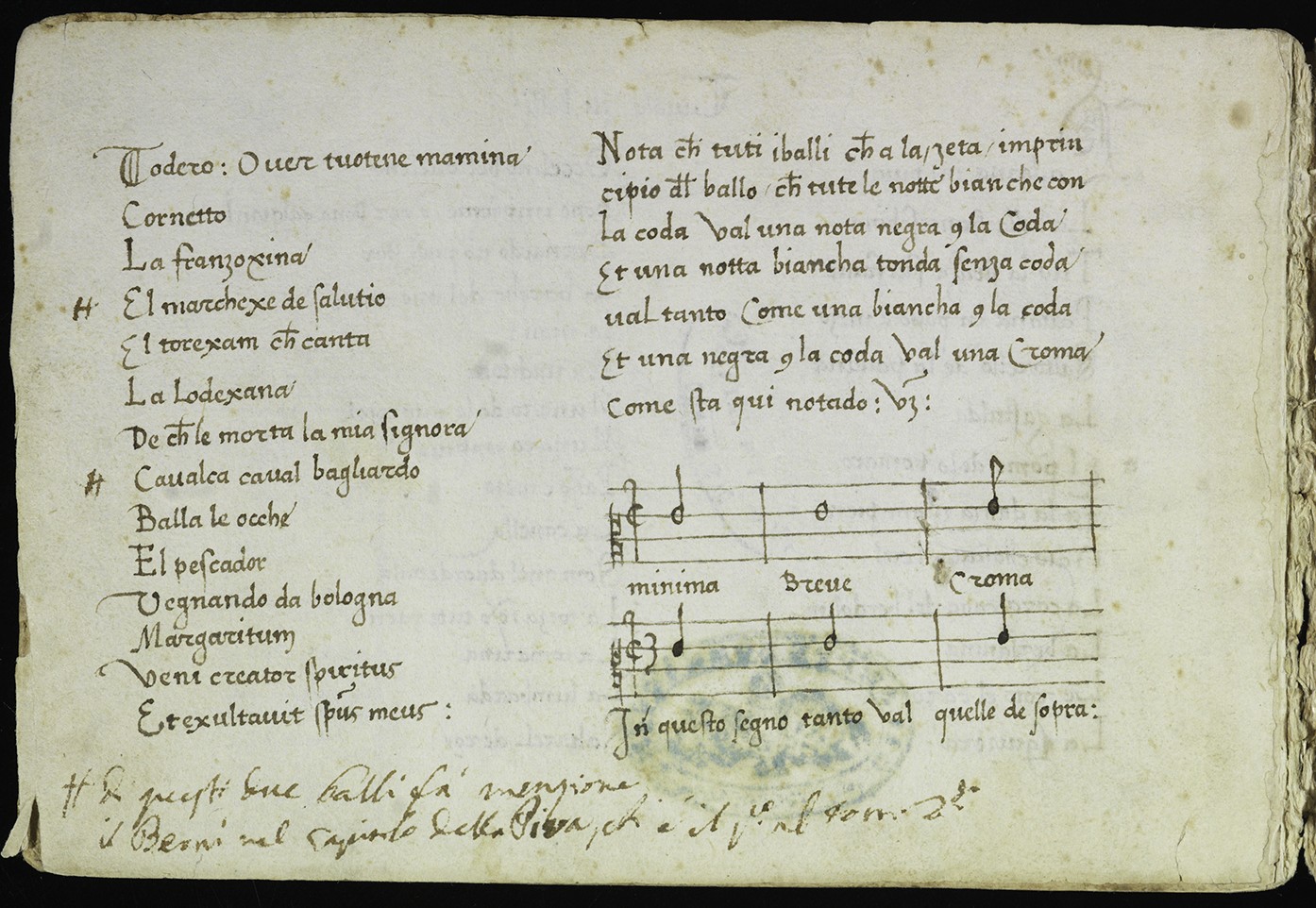Two images from a 16th-century Italian music manuscript titled “Tavola di balli,” listing numerous dance titles in neat brown ink script. The first page bears two archival stamps in blue and black ink and shows signs of age and handling along the edges.The second image shows the following page from the same manuscript continuing the list of dances, followed by a short musical example illustrating rhythmic notation. Handwritten notes and stamps are visible, and the text explains how note shapes and stems correspond to rhythmic values.