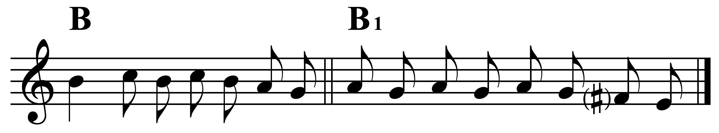 A short melodic excerpt in treble clef labeled “B” and “B₁.” The music features a sequence of evenly spaced eighth notes forming a smooth, stepwise line with a small rhythmic variation between the two phrases.