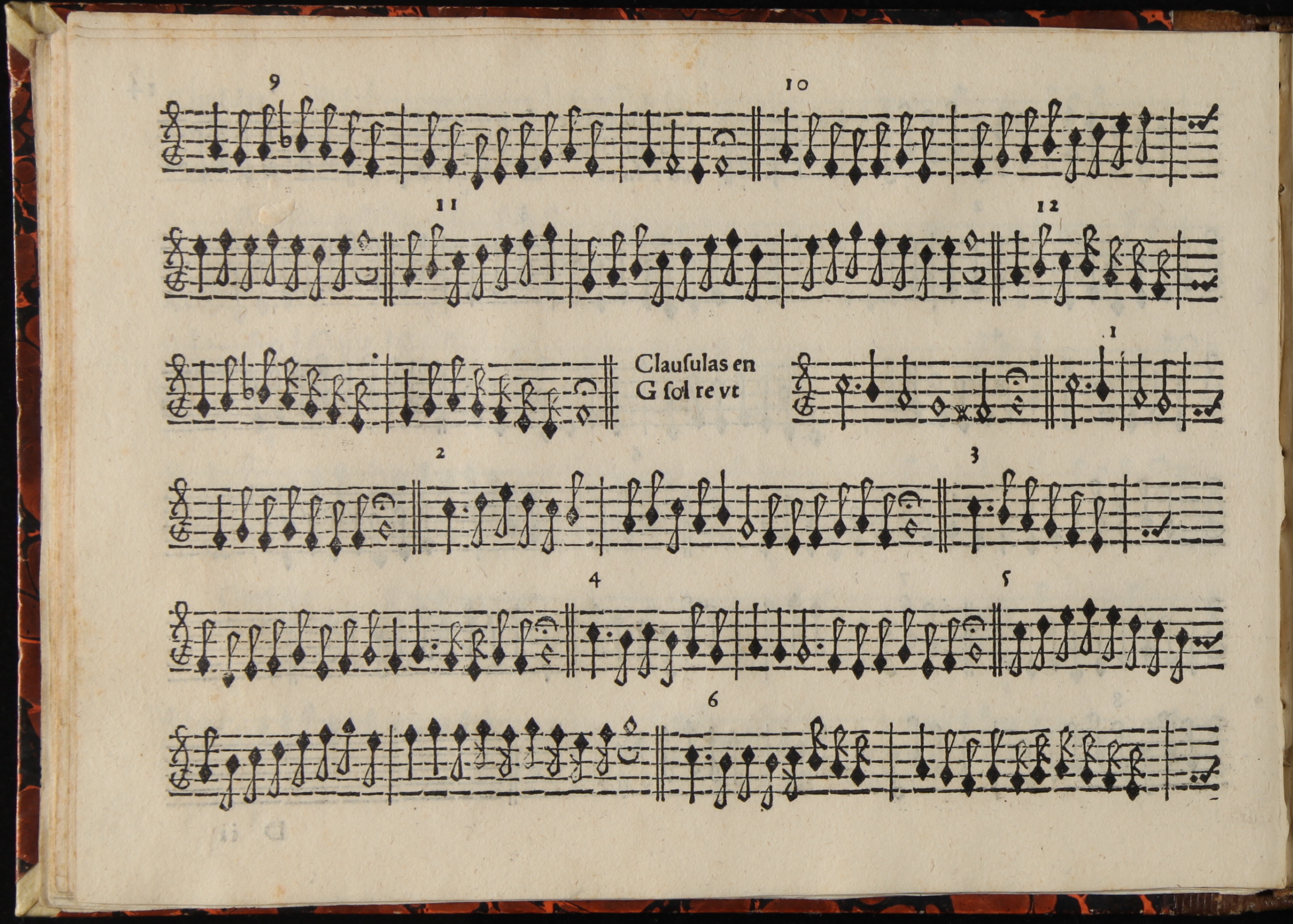 A printed page of Renaissance instrumental music titled “Clausulas en G sol re ut” from Tratado de glosas by Diego Ortiz (Rome, 1553). The notation is arranged in several horizontal staves filled with dense black note patterns and rhythmic ornamentation, characteristic of mid-16th-century polyphonic style.