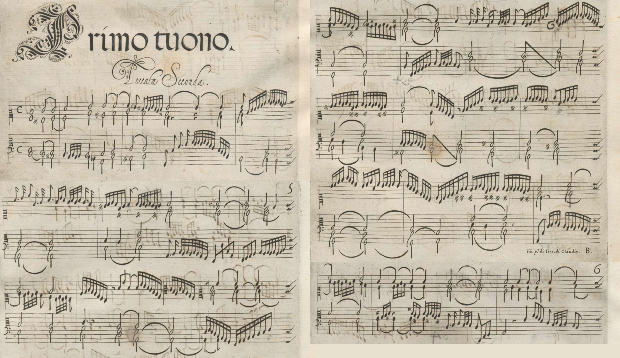 An open page of an early printed music score titled “Toccata Secvonda.” The pages feature elaborate calligraphic notation with dense musical passages, ornate initials, and hand-drawn staff lines, typical of late Renaissance or early Baroque Italian keyboard music manuscripts.