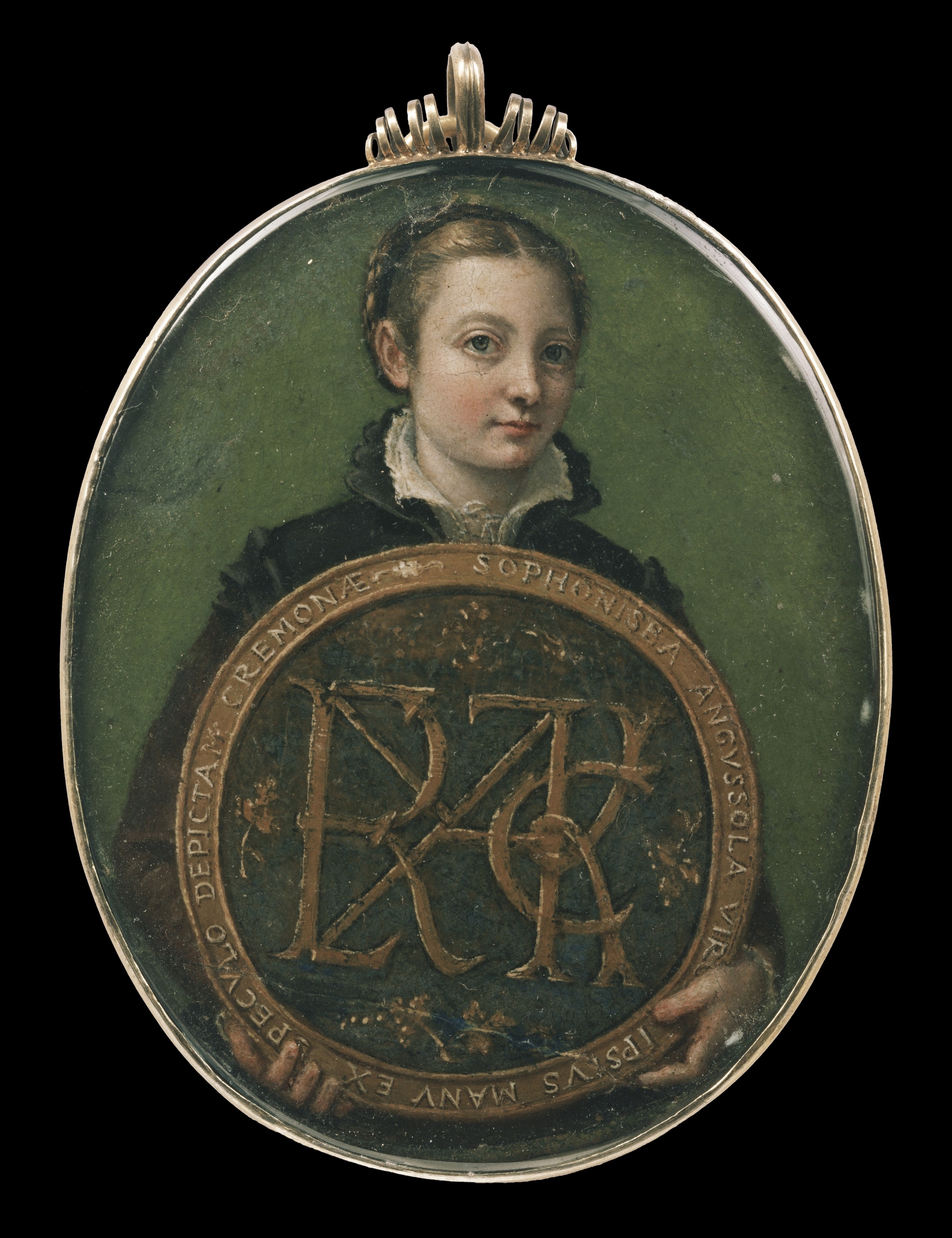 An oval miniature self-portrait by Sofonisba Anguissola. The artist is depicted as a young woman with a calm expression, wearing a dark dress with a white collar, holding a circular shield bearing her monogram. The inscription around the edge identifies her as the painter and notes her origin from Cremona. The portrait is set against a dark green background and enclosed in a delicate frame.