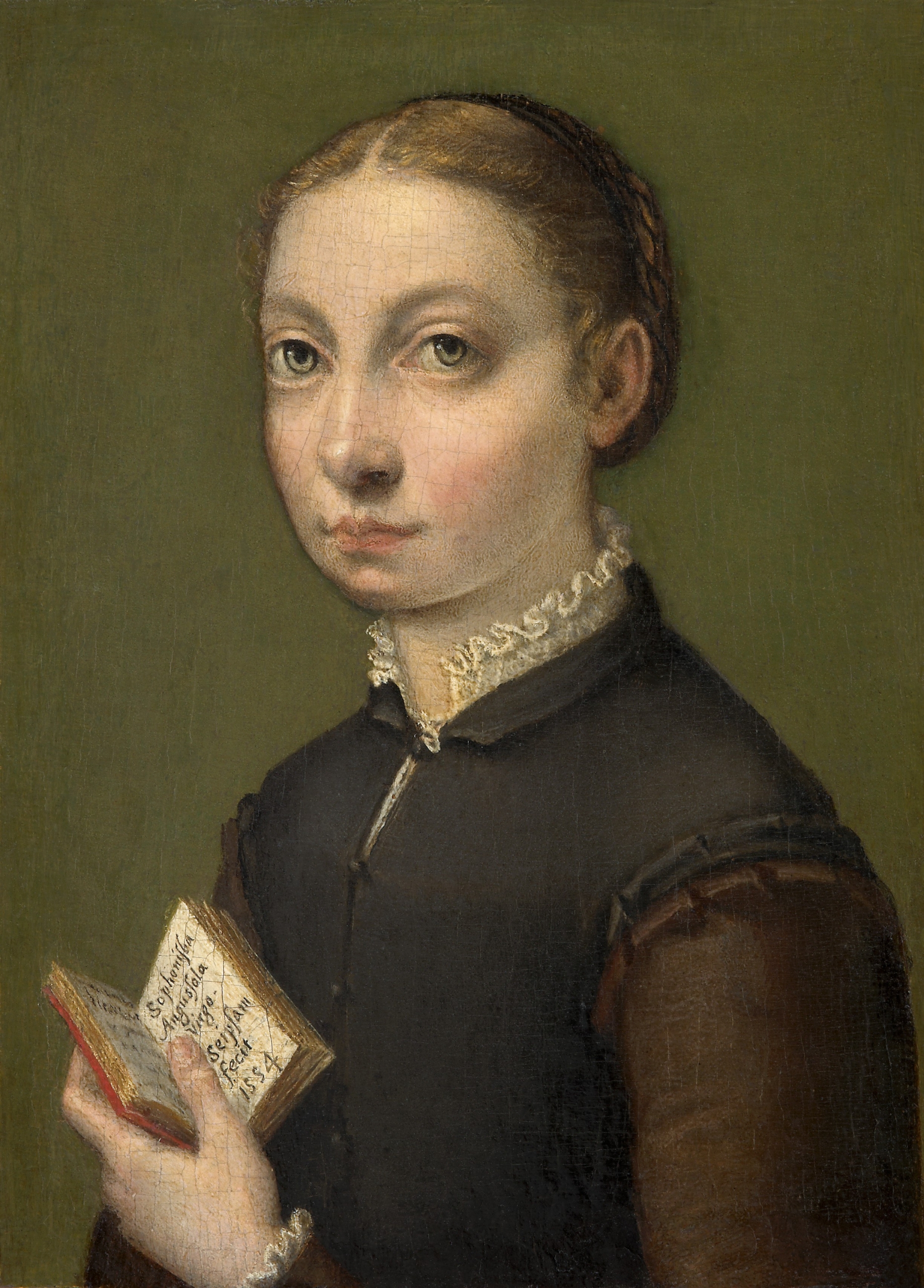 A self-portrait by Sofonisba Anguissola depicting the artist as a young woman holding an open book with visible text. She wears a modest dark dress with a high lace collar and has her hair neatly braided. The plain olive background and soft lighting emphasize her composed expression and quiet intellect.
