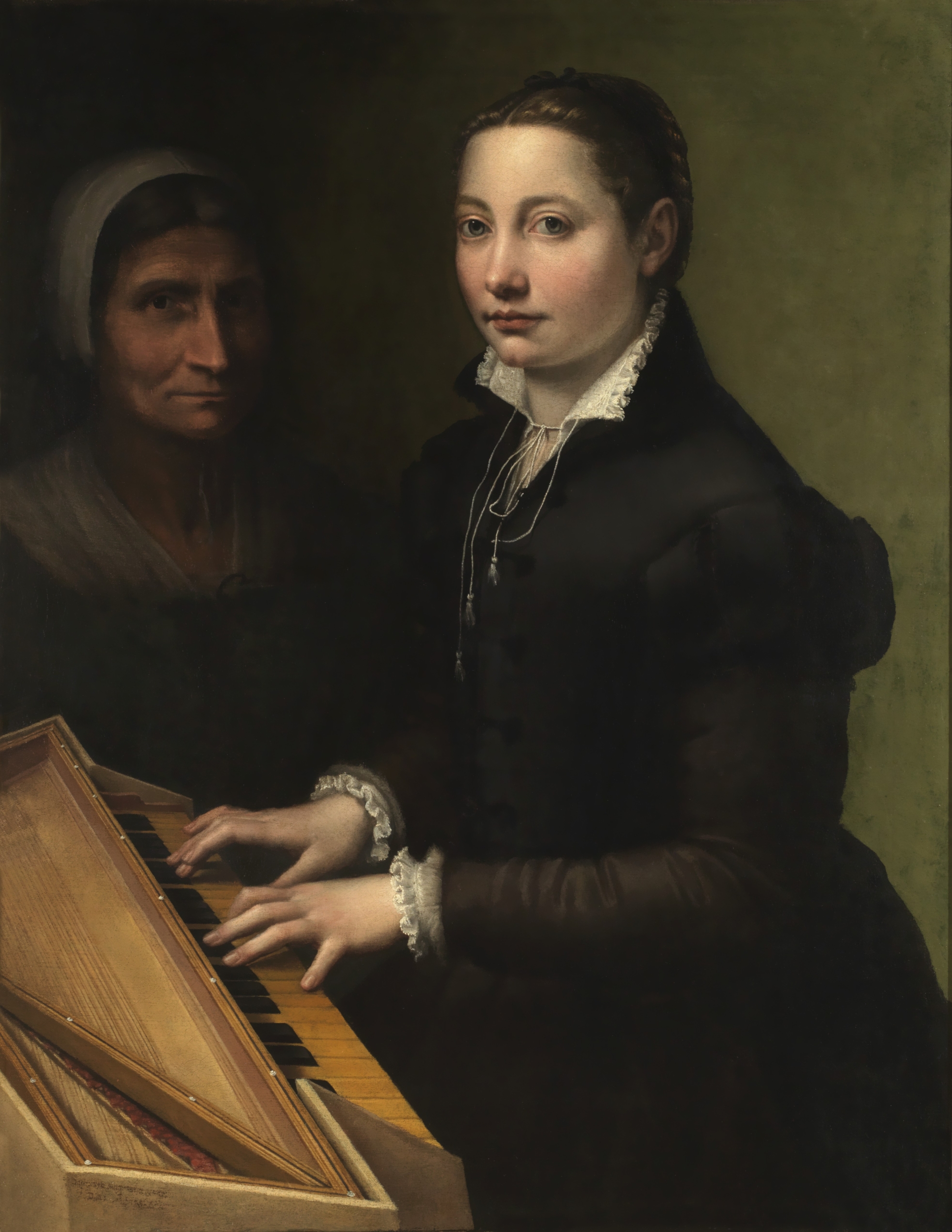 A portrait by Sofonisba Anguissola titled “Autoritratto alla spinetta.” The artist depicts herself seated at a spinet, her hands poised on the keys, while an older woman, likely her teacher or companion, looks on from the background. The painting captures refined detail in the clothing and instrument, with soft lighting highlighting the artist’s calm and intelligent expression.