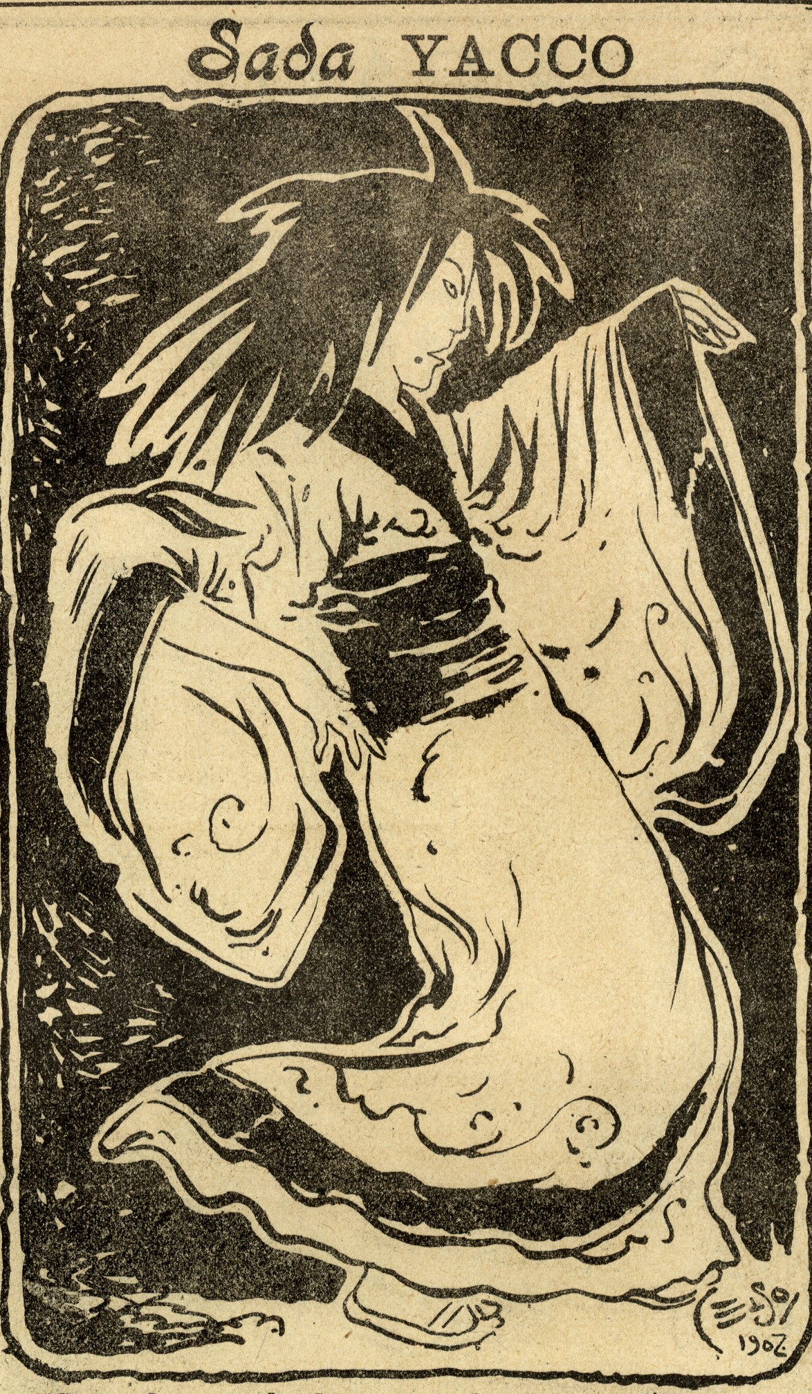 A black and white woodcut or linocut illustration, printed on aged paper, depicting the celebrated Japanese actress Sada Yacco. The figure is shown in dynamic motion, leaning forward with arms outstretched, wearing a flowing kimono with swirling patterns. The character's face has sharp features, and her dark hair is spiked and dramatic. The style resembles Art Nouveau or period Japanese printmaking. The name "Sada Yacco" is printed above the image, and a small artist's monogram and the year "1902" are visible in the lower right corner.