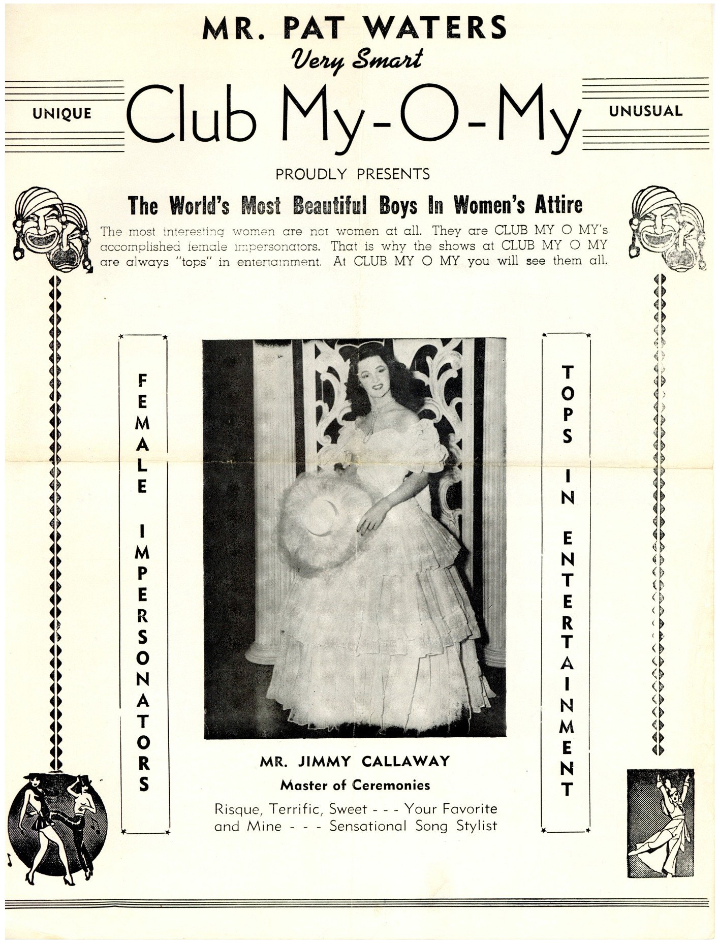 An advertising poster titled “Mr. Pat Waters / Very Special / Club My-O-My”, featuring a black-and-white photograph of — according to the caption — “Mr. Jimmy Callaway” in a white ruffled dress.