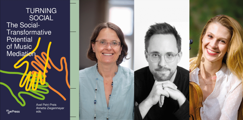 Ein Banner zeigt das Buchcover sowie Portätfotos der drei Herausgeber_innen