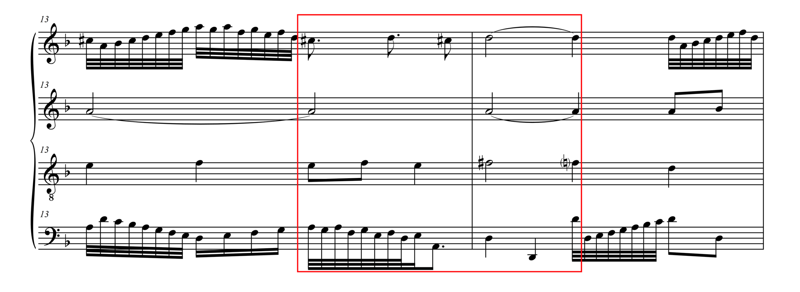 A musical example with an excerpt in open score showing typical broken-chord figurations in red boxes.