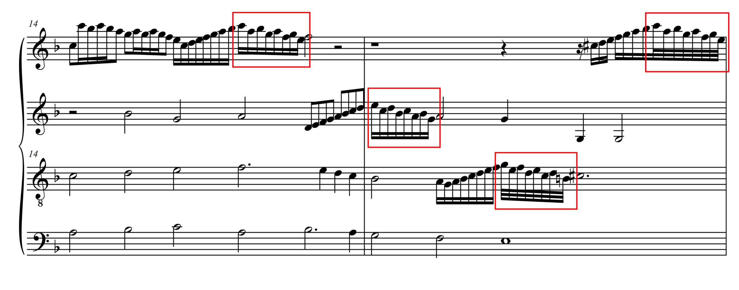 Musical examples with three excerpts in open score illustrating common falling third diminution figures indicated by red boxes.