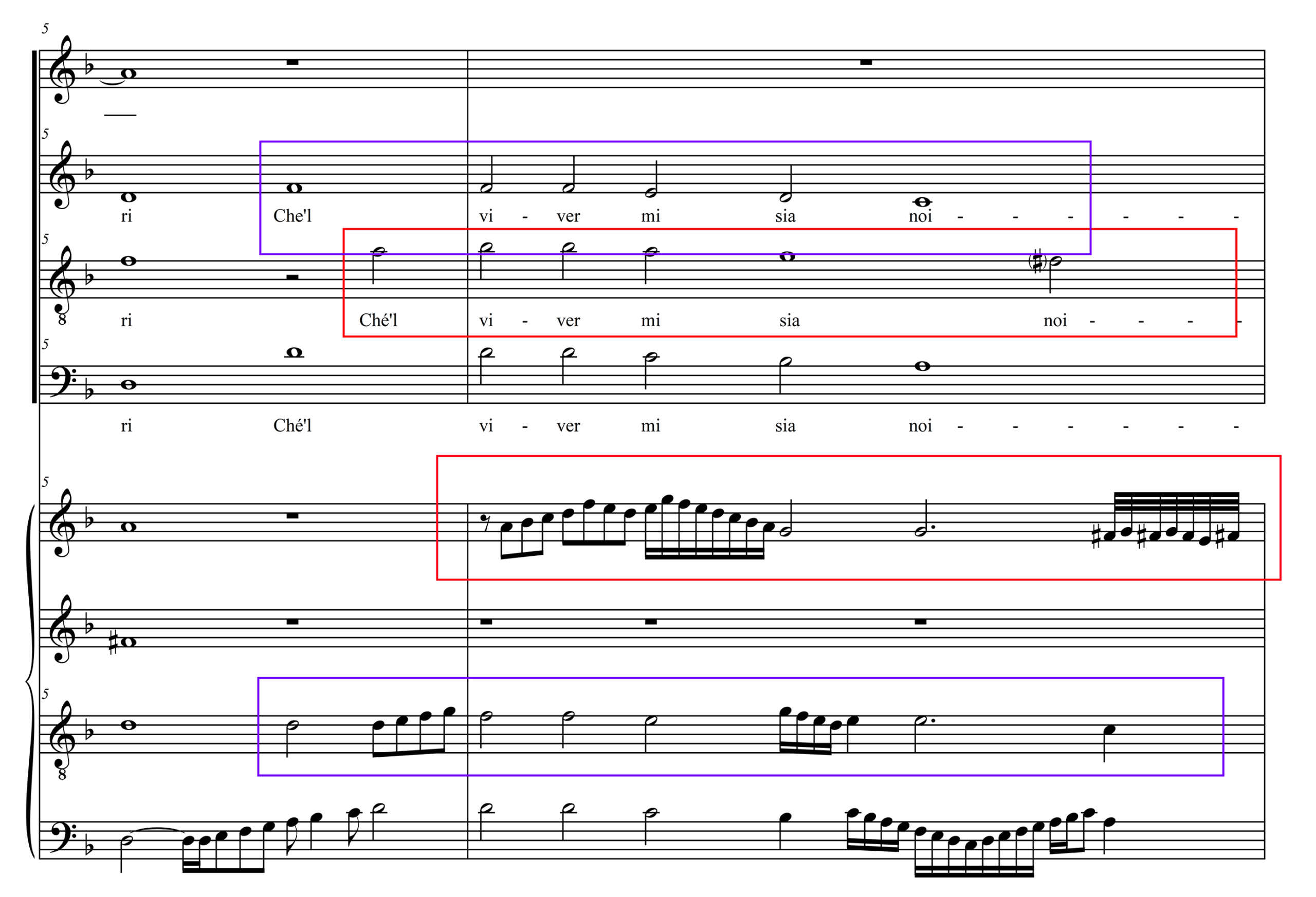 Two musical examples with excerpts showing ornamented intabulations. The upper system shows the vocal parts in open score with text underlay, while the lower system presents ornamented keyboard versions in open score.