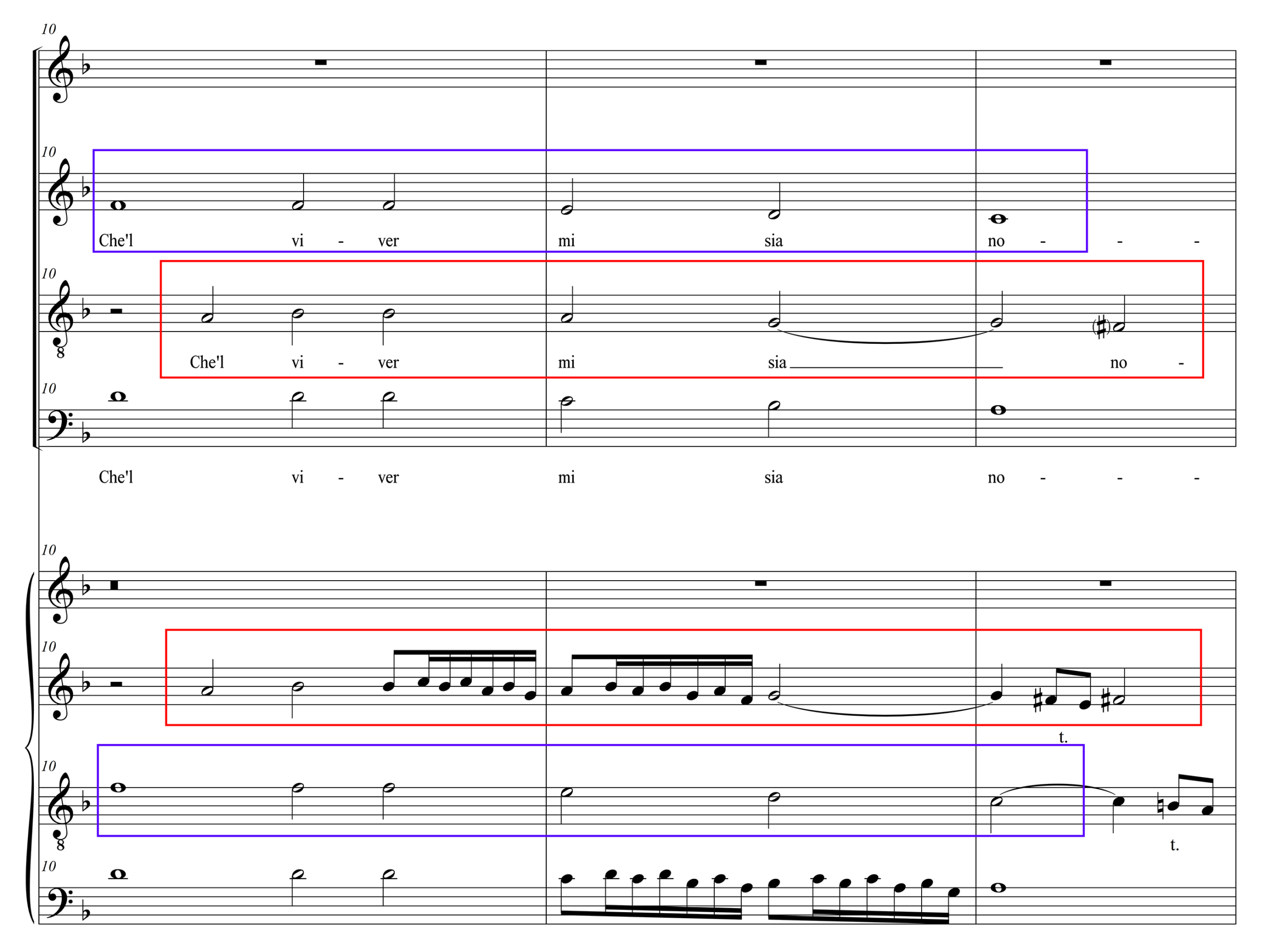 Two musical examples with excerpts showing ornamented intabulations. The upper system shows the vocal parts in open score with text underlay, while the lower system presents ornamented keyboard versions in open score.