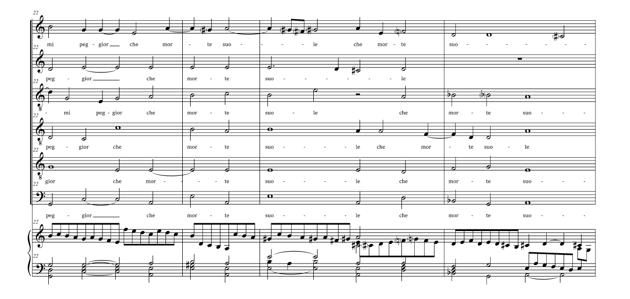 Musical examples showing the transformation of a vocal composition into an instrumental intabulation. The upper ystem presents the original polyphonic vocal score with multiple staves and text underlay, while the lower system shows a keyboard realization in modern notation. The keyboard part contains added ornamentation, rhythmic elaboration, and passagework, illustrating how performers embellished and adapted vocal lines for instrumental performance.