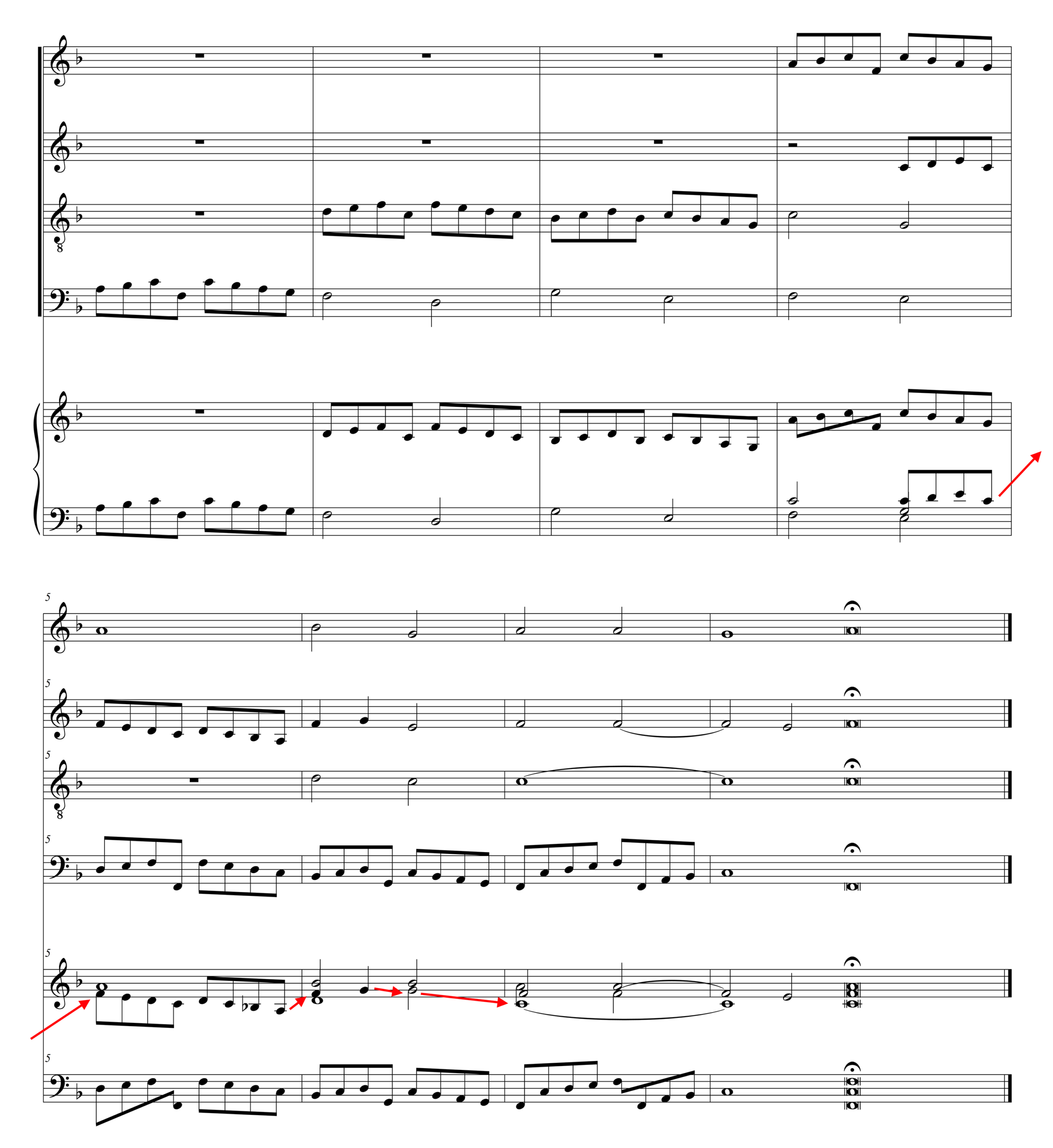 A musical example comparing the original vocal polyphony with its keyboard intabulation. The upper system shows the vocal parts in open score with text underlay, while the lower system presents a keyboard version in modern notation. The keyboard realization introduces added ornamentation, rhythmic elaboration, and virtuosic passagework, illustrating the degree of transformation typical of elaborate intabulations. Red arrows are used to show the contours of the original voice leading.