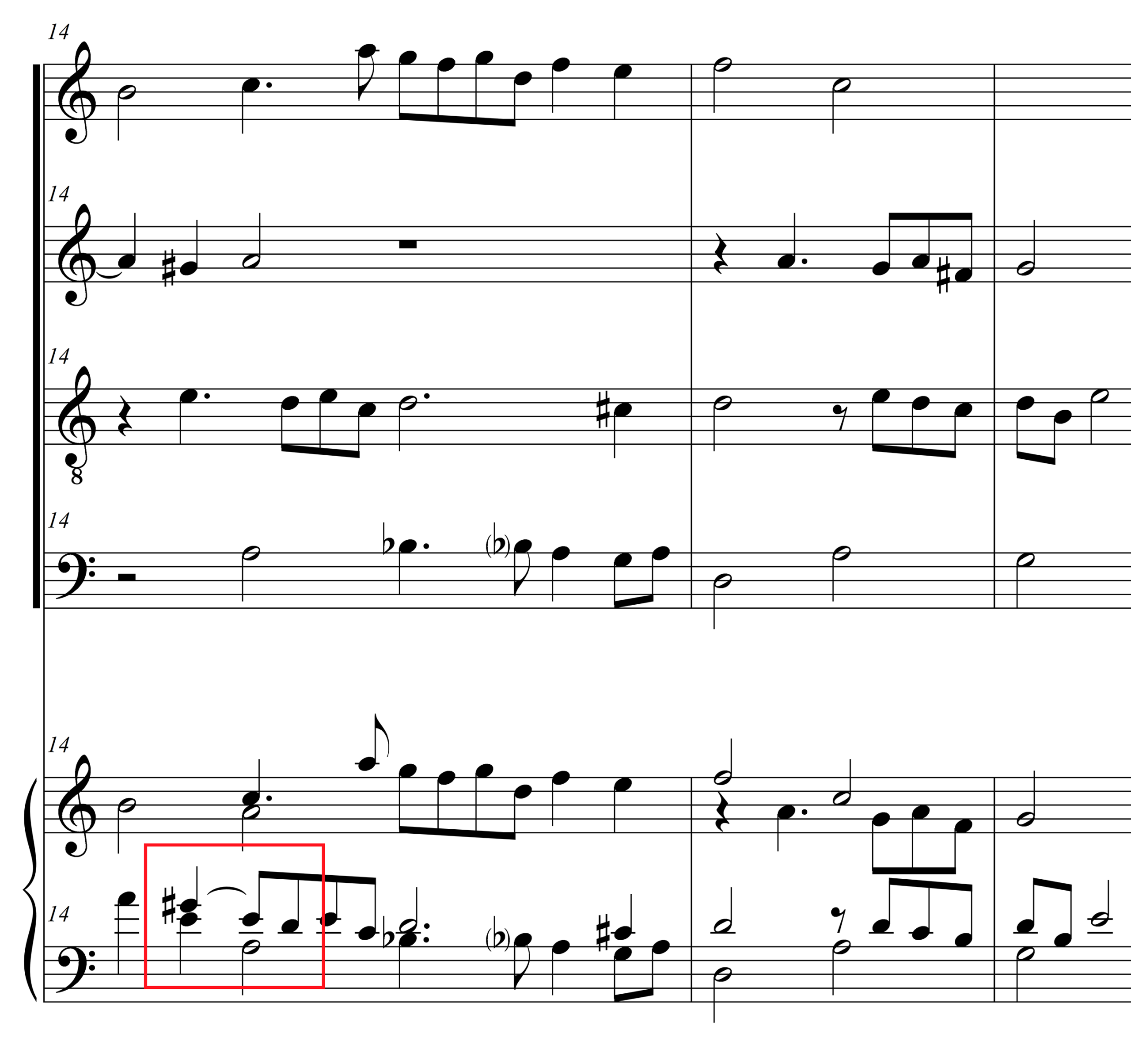 Musical examples with excerpts of polyphonic passages in modern notation. The upper system shows the vocal parts in open score with text underlay, while the lower system presents a keyboard version in modern notation. Red boxes and arrows highlight the contours of the original voices in the intabulations and show the rests removed in the intabulation process.