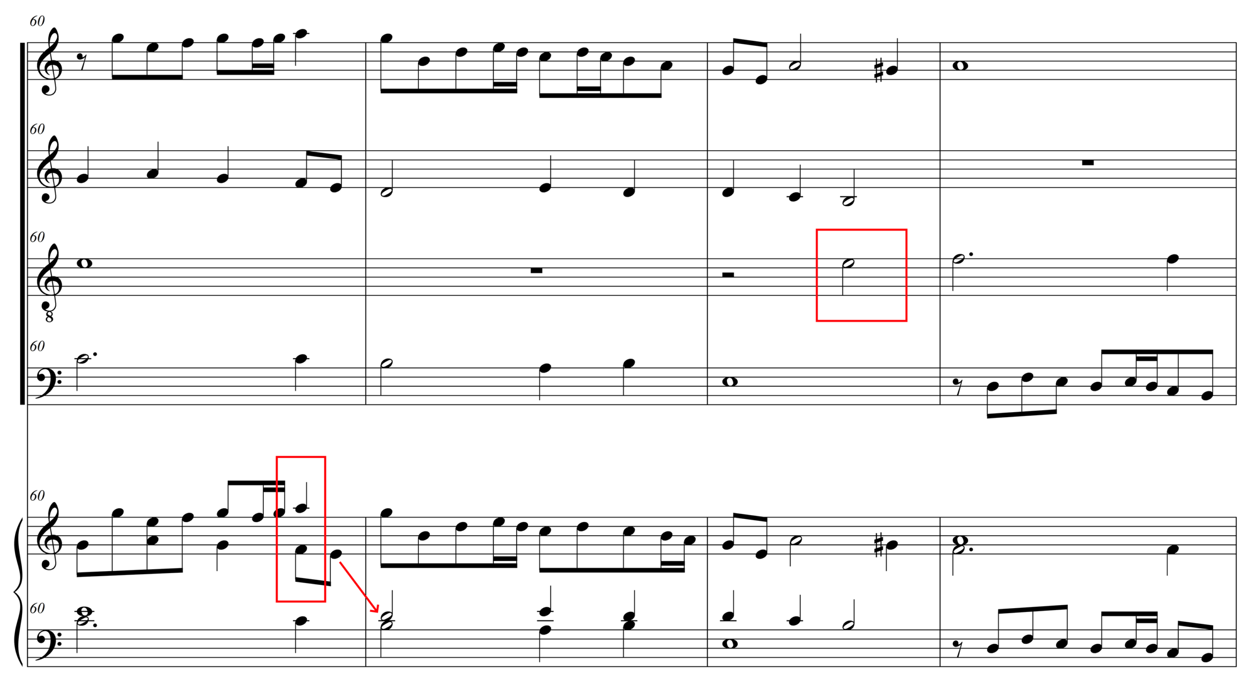 Musical examples with excerpts of polyphonic passages in modern notation. The upper system shows the vocal parts in open score with text underlay, while the lower system presents a keyboard version in modern notation. Red boxes and arrows highlight the contours of the original voices in the intabulations and show the rests removed in the intabulation process.
