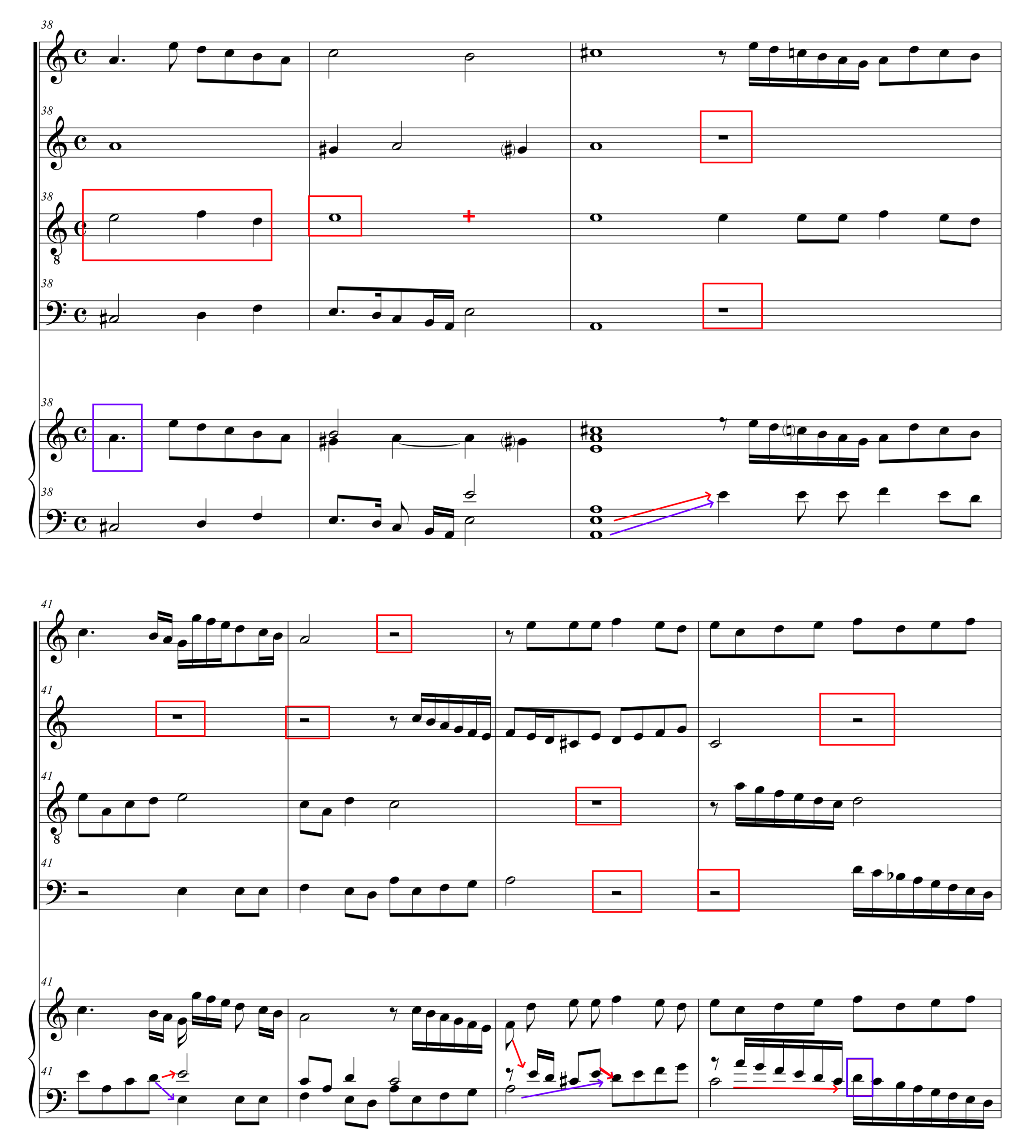 Musical examples with excerpts of polyphonic passages in modern notation. The upper system shows the vocal parts in open score with text underlay, while the lower system presents a keyboard version in modern notation. Red boxes and arrows highlight the contours of the original voices in the intabulations and show the rests removed in the intabulation process.