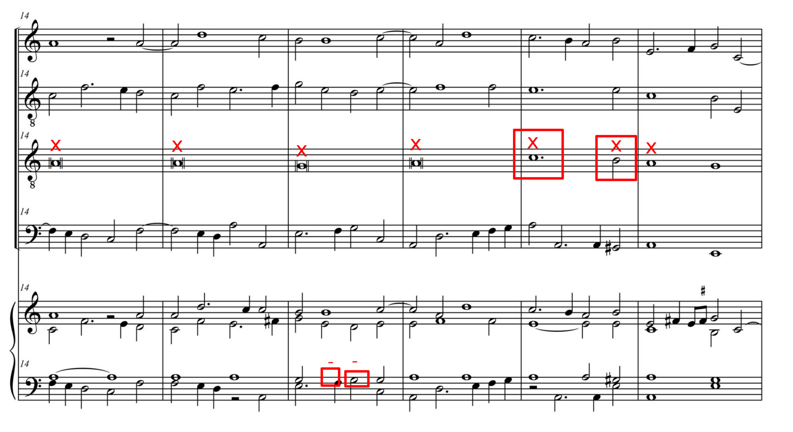 Musical examples with excerpts of polyphonic passages in modern keyboard notation. The upper system shows the vocal parts in open score while the lower system presents a keyboard version in modern notation with some changes for practical reasons.