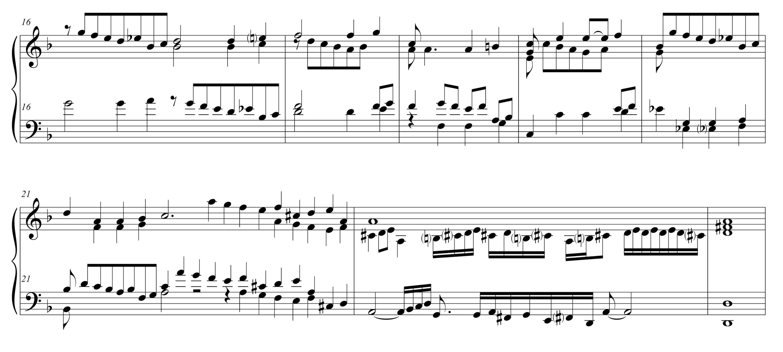 Musical example with excerpt in modern keyboard notation featuring rapid ornamental figures and intricate contrapuntal writing. The passage includes continuous sixteenth-note motion, alternating hands, and wide intervallic leaps between voices. The texture demonstrates the virtuosic elaboration typical of elaborate intabulations and transcriptions of vocal polyphony.