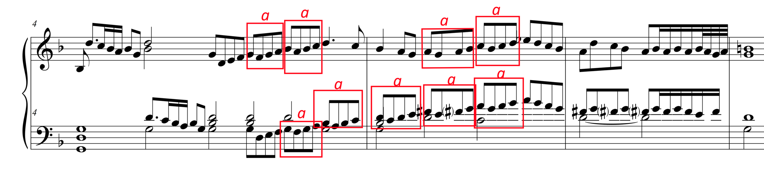 Musical examples with four excerpts in modern keyboard notation contrasting literal transcriptions and similar passages in transcriptions from works in intavolatura.