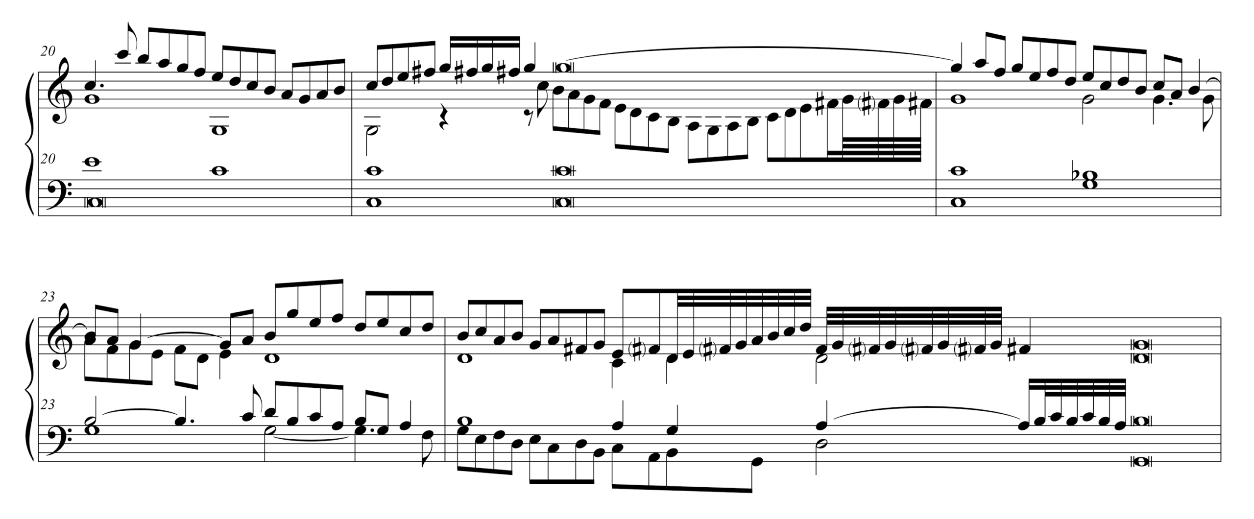 Musical examples with four excerpts in modern keyboard notation contrasting literal transcriptions and similar passages in transcriptions from works in intavolatura.
