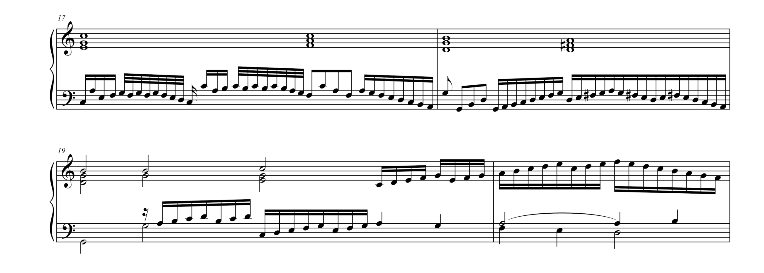 Musical examples with four excerpts in modern keyboard notation contrasting literal transcriptions and similar passages in transcriptions from works in intavolatura.