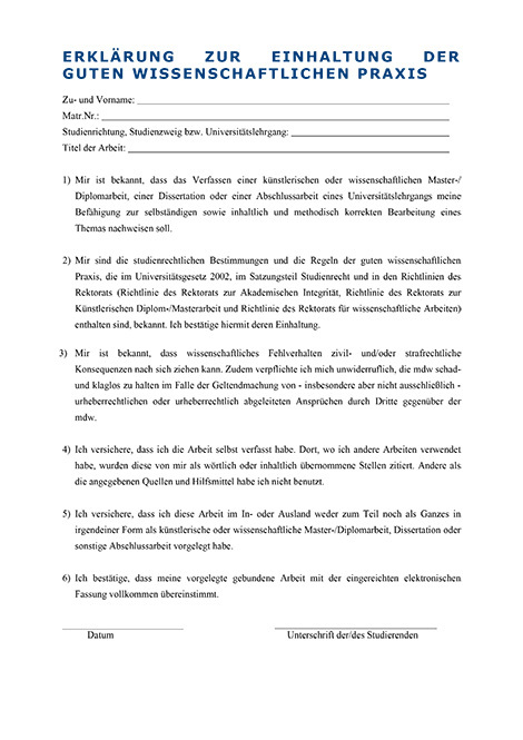 Erklärung zur Einhaltung der guten wissenschaftlichen Praxis