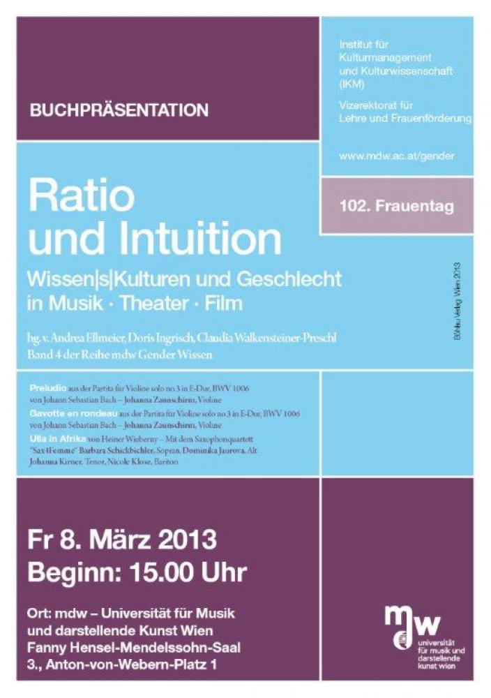 Plakat zur Buchpräsentation: Ratio und Intuition - Wissen|s|Kulturen und Geschlecht in Musik Theater Film