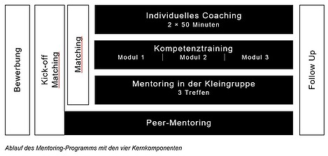 Ablauf des Mentoring-Programms nach den Phasen: Bewerbung, Kick-off, Matching; mit den vier Kernkomponenten: Individuelles Coaching, Kompetenztraining, Mentoring in der Kleingruppe, Peer-Mentoring und abschließendem Follow Up.