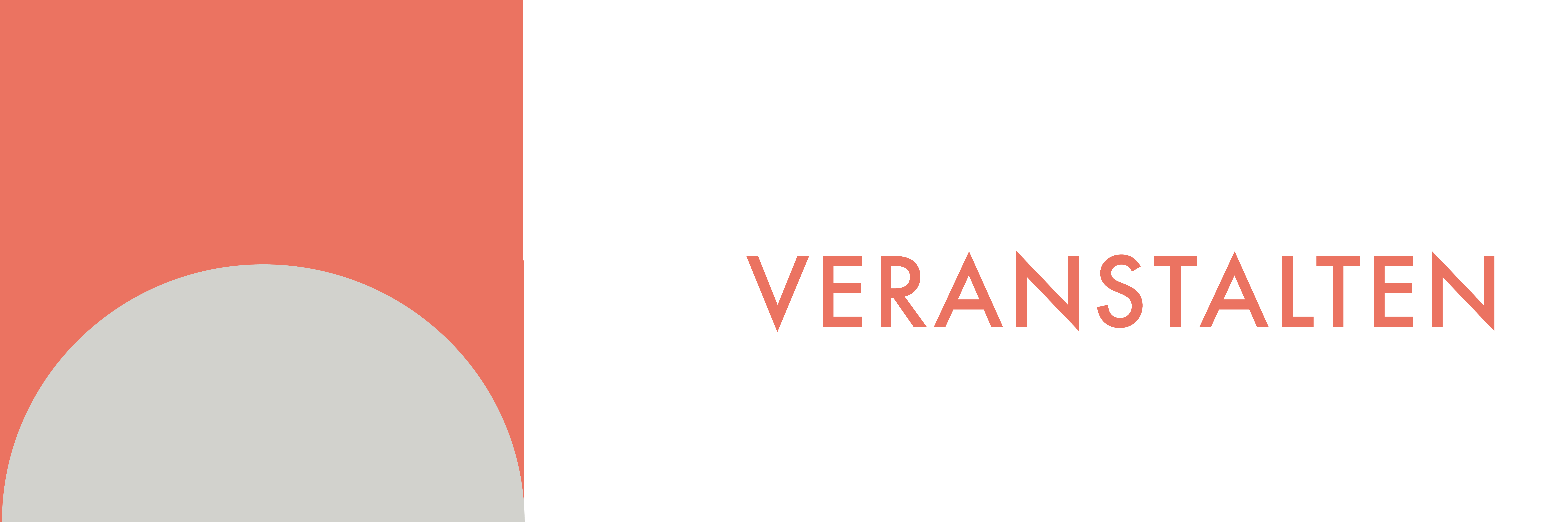 Post-it-Icon | Grundriss quadratisch hell rote Farbe. Untere Hälfte: gefüllter Halbkreis nach unten offen, cream/graue Farbe. Rechts daneben mit hell roter Schrift: VERANSTALTEN